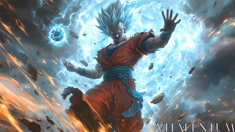 Blazing warrior unleashes a swirling storm of blue energy