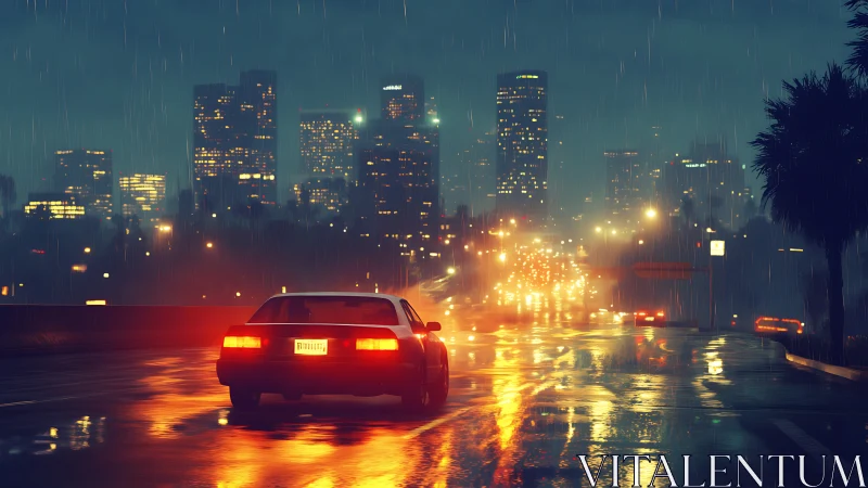 Rain-soaked city freeway where taillights hum like neon prayers.