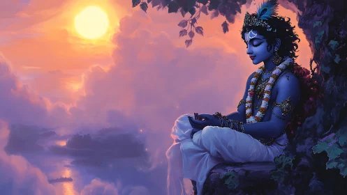 Twilight blue deity meditating above a glowing cloud ocean.