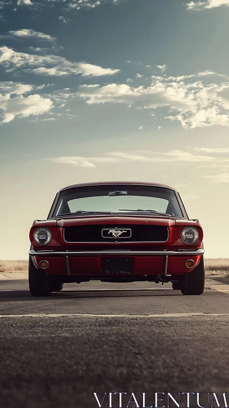 Front view of red classic Ford Mustang on open highway.