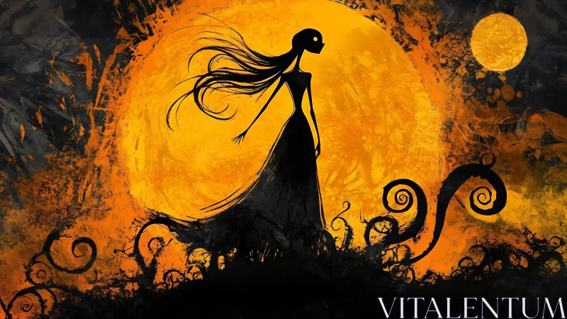 Silhouette girl under burning orange moon with dark tendrils.