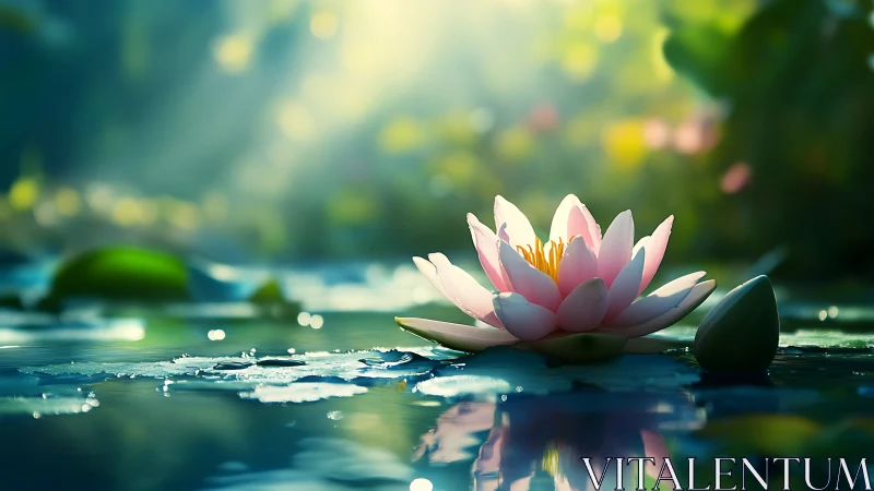 Sunlit water lily blooms over tranquil reflective pond.