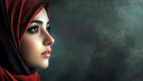 Profile portrait of veiled woman rendered in hyperreal detail