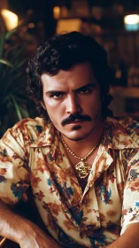 Man with patterned shirt and necklace in dim interior.