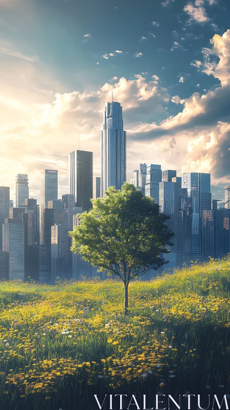 Solitary green tree rises before luminous modern skyline.