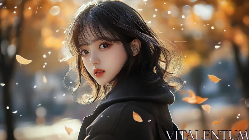 Digital portrait girl in autumn park with falling leaves.