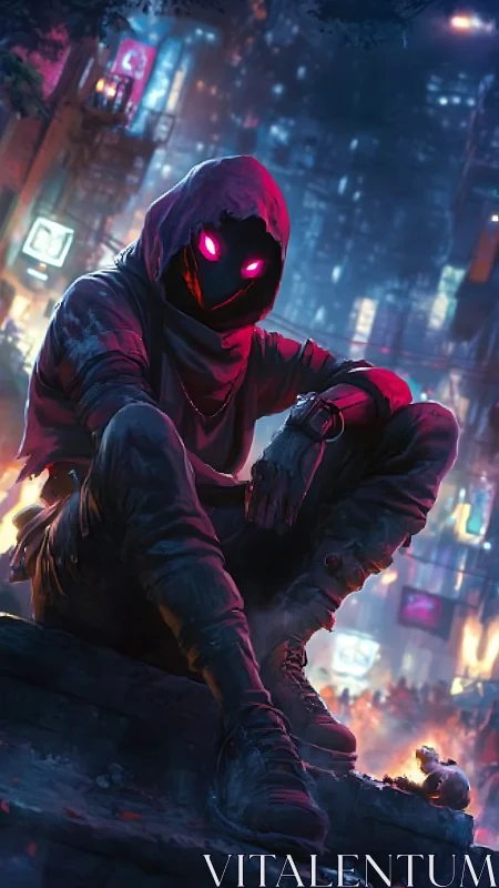 Hooded cyberpunk figure rests in neon lit dystopian alley