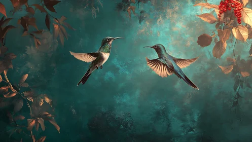 Iridescent hummingbirds in midair courtship against teal bokeh