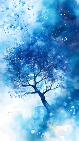 Solitary tree rendered in blue abstract watercolor space.