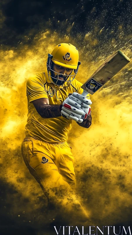 Cricketer in bright yellow kit swinging bat through dust.