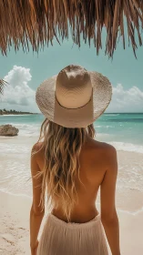 Back view woman in straw hat gazes over tropical shoreline