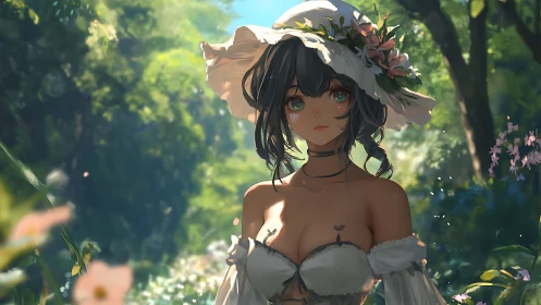 Sunlit anime girl in floral hat within verdant forest clearing.
