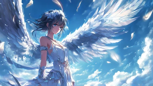Winged anime girl in white dress against bright sky.