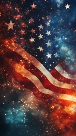 US flag ripples through cosmic nebula with blazing light