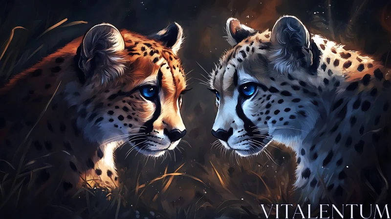 Dual Cheetah Profile Study: Bilateral Symmetrical Composition with Luminous Ocular Elements