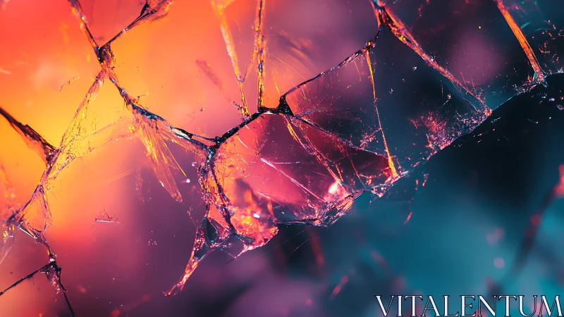 Shattered glass macro with neon bokeh and prismatic flares.