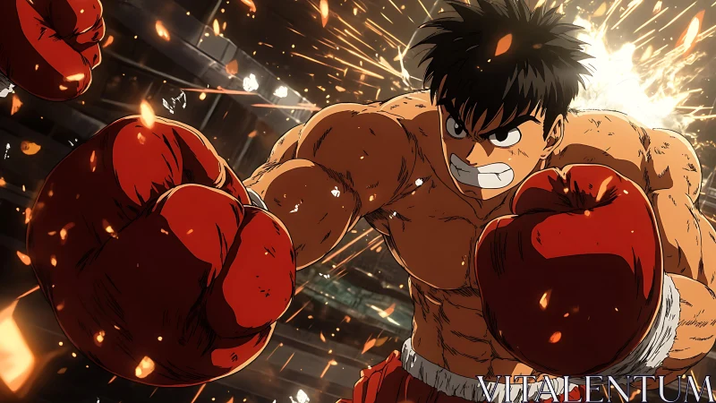 Boxer in red gloves delivers powerful punch amid explosion