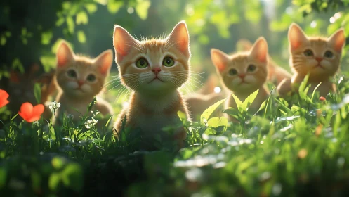 Ginger Kittens Explore Sunlit Garden Among Wildflowers.