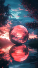 Chromatic refraction sphere over bifurcated sunset wetland.