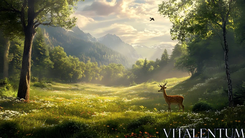 Stag stands in sunlit alpine meadow under glowing morning sky