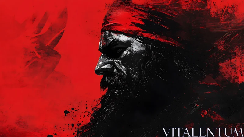 Crimson negative-space portrait of battle-worn bearded warrior.
