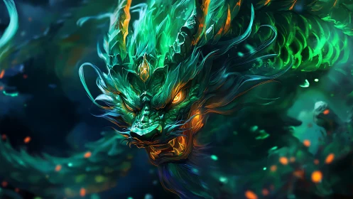 Emerald storm dragon lunges through swirling inferno depths.