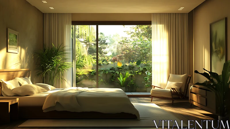 Sunlit minimalist bedroom opens onto lush garden view.