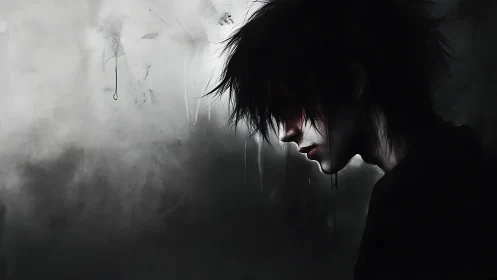Brooding dark-haired figure in moody grayscale portrait.