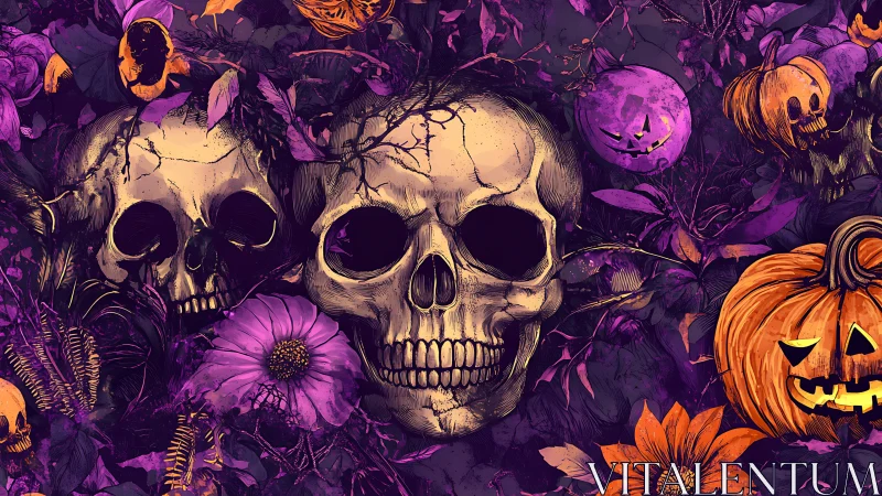 Skulls, pumpkins and flowers in dense Halloween pattern.