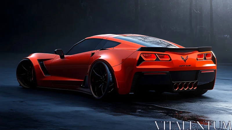 Rear-quarter render of low-slung orange performance coupe.