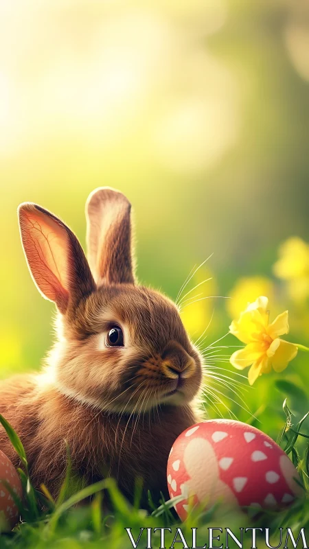 Easter bunny beside painted egg in glowing spring meadow.