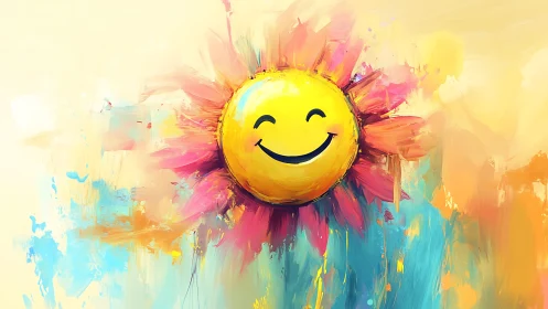 Smiling sun face in vivid abstract colorful brushstrokes.