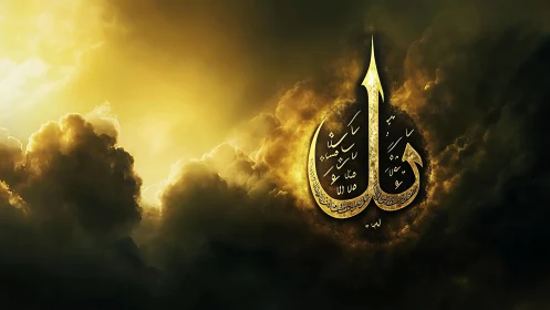 Golden Arabic calligraphy ascends through luminous storm clouds.