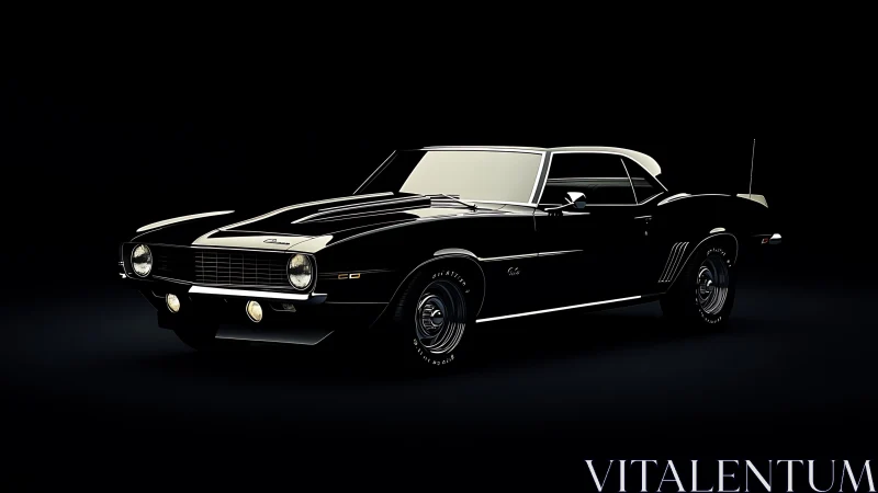 Midnight muscle coupe basking in spotlighted chrome calm.