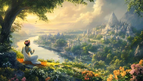 Figure observing river valley and tiered temple city panorama.