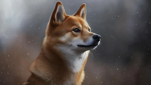 Amber-furred winter sentinel gazing into soft falling snow.