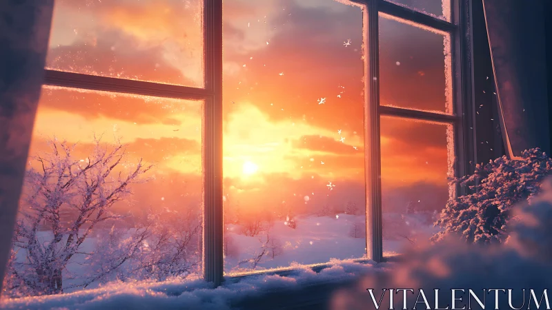 Winter sunrise glows beyond frosted window glass frame.