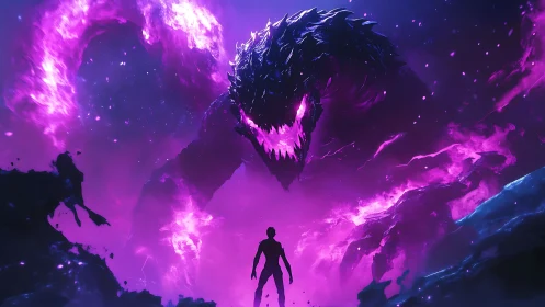 Neon cosmic titan versus lone hero in luminous vortex composition.