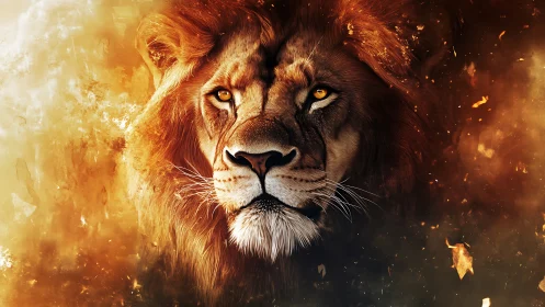 Lion portrait in fiery abstract light and dark tones.