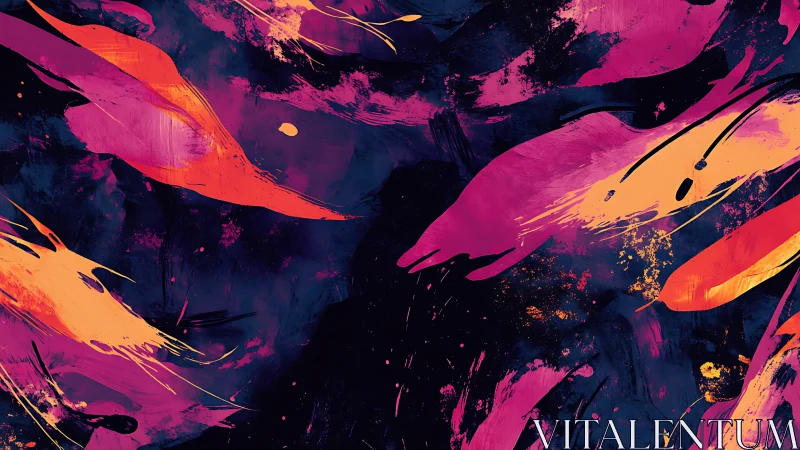 Dynamic magenta and orange brush strokes traverse deep indigo field