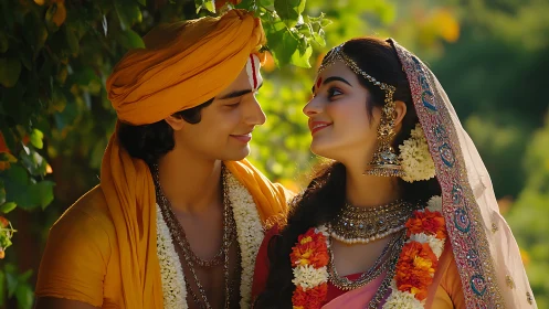Traditional Indian couple in ornate wedding attire outdoors