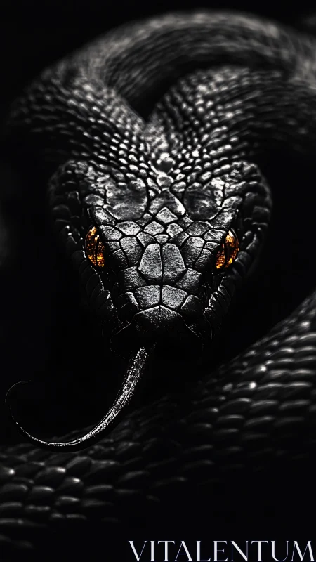 Close frontal view of coiled black snake on dark background.