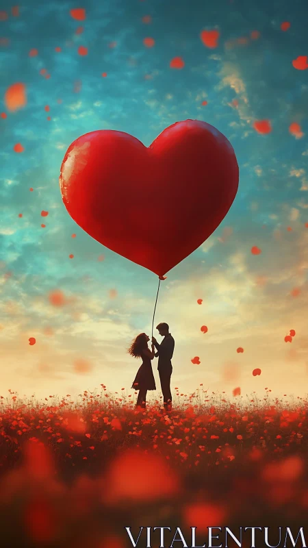 Love Ascending: Two Hearts Beneath a Giant Crimson Balloon.