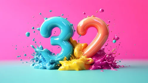 Vibrant 3D Numbers 3 and 2 with Colorful Paint Splash Art.