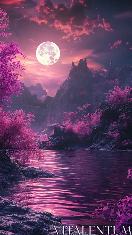 Full moon over magenta river in stylized mountain valley.