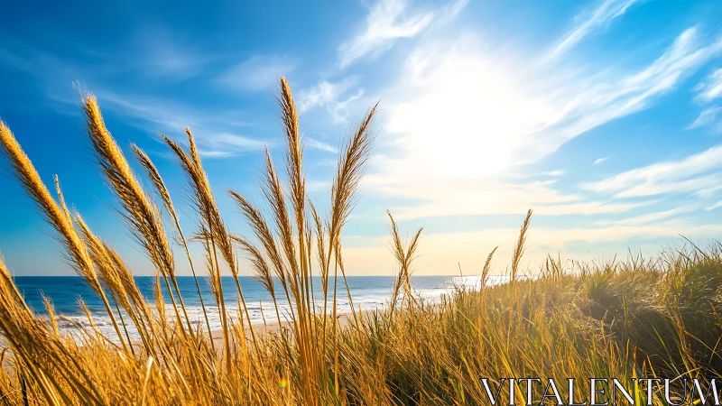 Sunlit Beach Grass with Ocean Waves in Vibrant Natural Style.