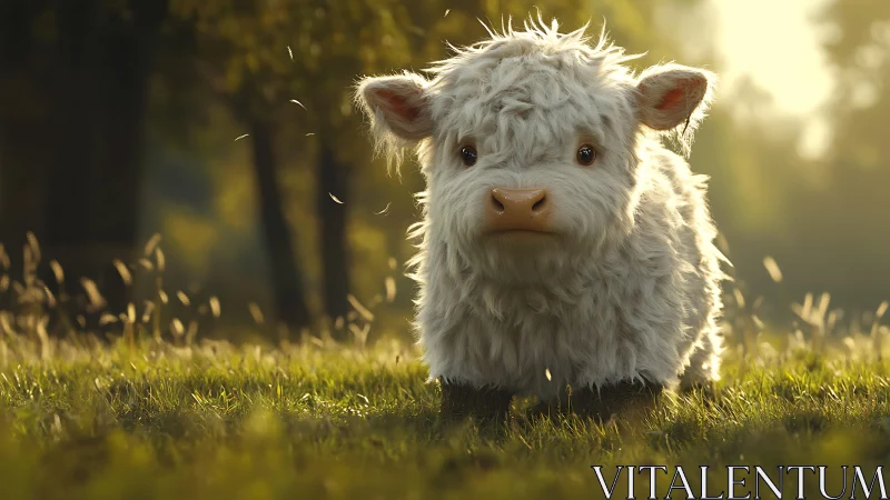 Fluffy white calf in golden meadow sunlight at dusk.