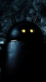 Dark metallic robot stands in low light with glowing eyes