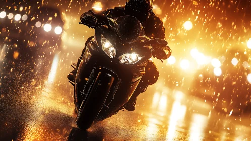 Night ride through golden rain on a speeding motorcycle.
