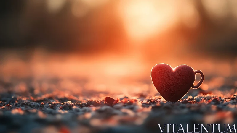 Red heart-shaped object displayed on sandy ground at sunset.